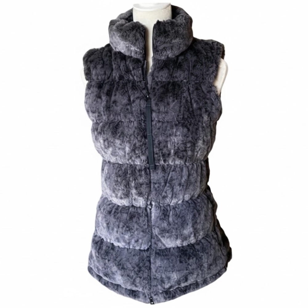 Athleta Faux Fur Quilted Puffer Vest Brown Charcoal Size S Small Goose Down EUC